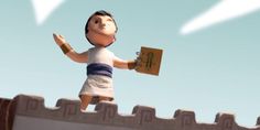 an animated image of a boy holding a book and pointing at something in the sky