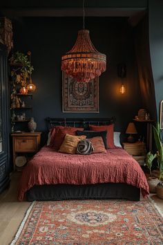 Dark boho bedroom with a maroon tassel chandelier as the main lighting piece. Boho Witchy Bedroom, Maximalist Bedroom Ideas, Witchy Bedroom Ideas, Dark Boho Bedroom, Witchy Bedroom, Maximalist Bedroom, Gothic Bedroom, Boho Bedroom Ideas, Moody Bedroom