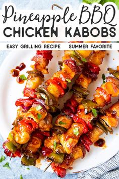 pineapple bbq chicken kabobs on a white plate with text overlay