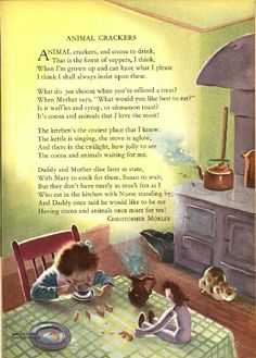 an old children's book with animals eating at the table in front of them