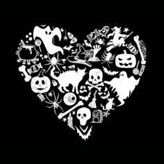 a black and white heart filled with halloween symbols