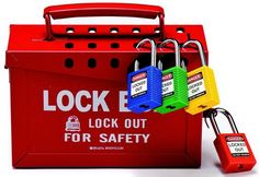 four padlocks are attached to a red box with lockout for safety written on it