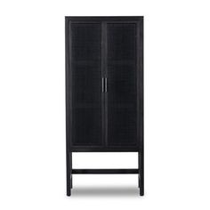 an armoire with two doors and one door open on the side, in black