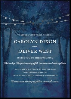 a wedding card with string lights hanging from the trees