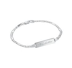 This custom engraved sterling silver Baby ID Bracelet can be personalized on both sides with the child's name, D.O.B. or monogrammed initials. Our engraved bracelets make great gifts personalized gifts for any occasion. Metal: Sterling Silver Design: ID Plate  Chain-type: Figaro   Length: 5 1/2 inches  Clasp: Lobster claw clasp We offer a variety of font styles that you may choose from for the engraving. The personalized bracelet is made from high-quality sterling silver that will never corrode, rust or change color. Upon purchase you can send the text you would like engraved along with the font style in a message. If the engraving is too long or needs to be revised in any way, you will be contacted in a reply message with the revision that is required. You can also send a message prior to Name Bracelet Silver, Personalized Silver Bracelets, Custom Engraved Bracelet, Medical Bracelet, Personalized Bracelet, Baby Bracelet, Silver Design, Id Bracelets, Engraved Bracelet