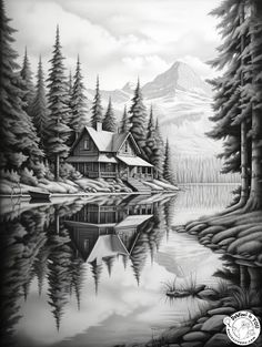 a black and white drawing of a cabin by the lake