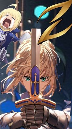 an anime character with blonde hair and green eyes holding two swords in front of her face