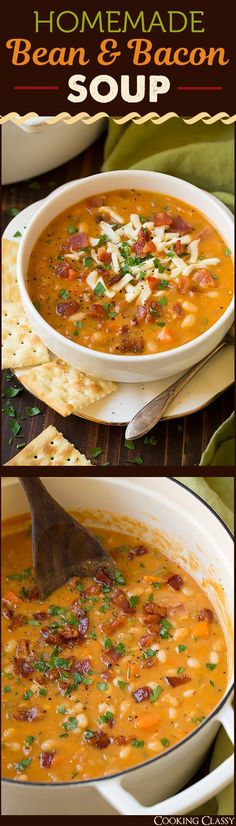 homemade bean and bacon soup in a white bowl