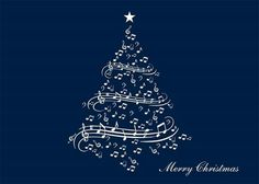 a christmas tree with musical notes on it and the words merry christmas written in white