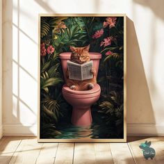 a cat sitting on top of a pink toilet reading a book in a jungle setting