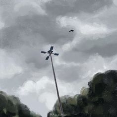 an artistic painting of a wind vane in the middle of a cloudy sky with two birds flying overhead