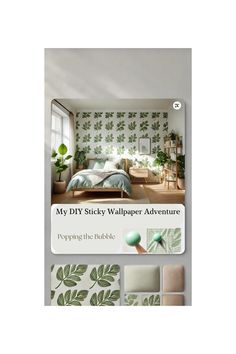 an advertisement for a wallpaper store with green leaves on the walls and bedding