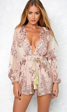 Bedroom Eyes Champagne Sequin Beige Sheer Floral Lace Long Loose Sleeve Plunge V… Rose Gold Sequin, Floral Print Rompers, Long Jumpsuits, Floral Romper, Long Sleeve Romper, Style Chic