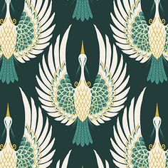 a green and white peacock pattern on a black background