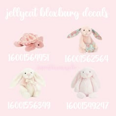 four different stuffed animals on a pink background with the words jellycat bloxburg decals