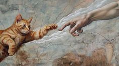 a painting of a hand reaching out to a cat that is touching it's paw