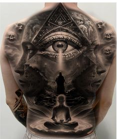 a man's back with an all seeing eye tattoo on his body and the image of a person sitting in front of him