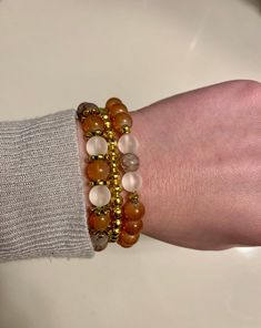 Amber and Gold Beaded Bracelet Set | Etsy Gold Beaded Bracelet, Bracelet Sets, Amber Bracelet, Gold Bead Bracelets, Wide Bracelet, Beaded Accessories, Gold Beads, Brown Gold, Bracelet Set