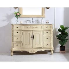 a bathroom vanity with two sinks and a mirror on the wall next to a potted plant