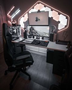 a chair sitting in front of a computer desk