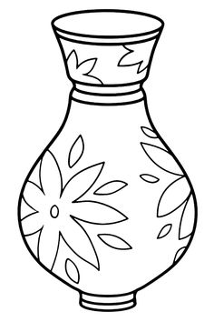 a black and white drawing of a vase with flowers on the top, it is outlined in