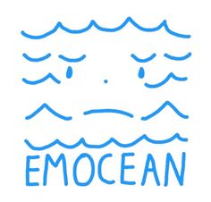 an emocean drawing with the words emocan in blue ink on a white background