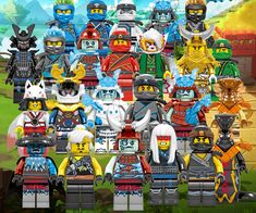 the lego ninjas are all lined up together in front of a colorful background with clouds