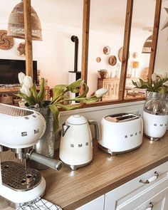 the kitchen counter is clean and ready to be used as an appliance or coffee maker