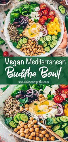 vegan mediterraneana buddha bowl with chickpeas, cucumbers, tomatoes and other vegetables