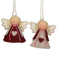 two christmas angel ornaments hanging from strings on a white background, one is red and the other is grey