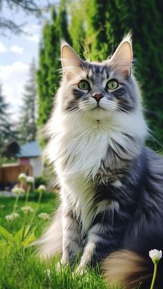 a long haired cat sitting in the grass