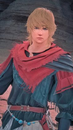 a young man dressed in medieval clothing standing next to a rock formation with his hands on his hips