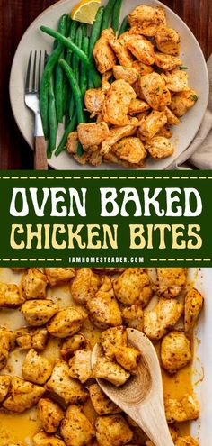 oven baked chicken bites on a plate with green beans