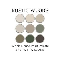 the words rustic woods are in white and black, with different colors on each side