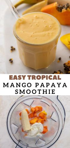 mango papaya smoothie in a blender with bananas and other ingredients