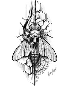 a drawing of a skull with a bee on it's head and wings around its neck