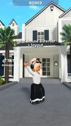 a cartoon character is standing in front of a large white house with palm trees on the driveway