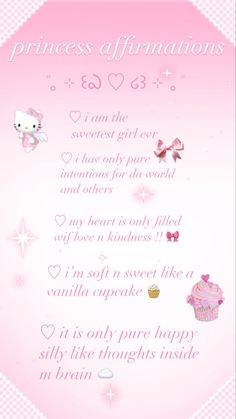 the princess affirmation poem is displayed on a pink background with hearts and cupcakes