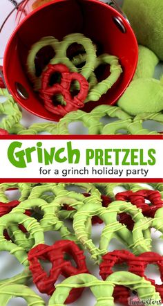 green pretzels for a grinch holiday party with the words grinch pretzels