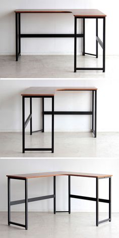 three different angles of a table with black metal legs and wood top, all in various positions