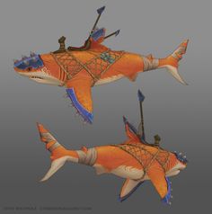 two orange and blue shark shaped objects with people riding on the back of one fish