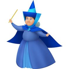 a cartoon character dressed in blue holding a wand