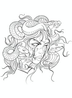 a drawing of a woman with a snake on her shoulder and head in the background