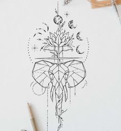 a drawing of a flower with stars and moon in the sky on top of it