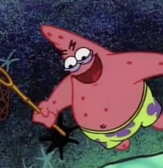 the spongebob character is trying to catch a fish with his fishing rod and net