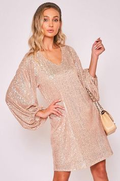 Rose Gold V-Neck Sequin Dress – Tres Chic Houston Rose Gold Party Dress, Rose Gold Clothes, Anniversary Dress, Rose Gold Sequin Dress, Sparkle Outfit, Rose Gold Dress, Long Sleeve Sequin Dress, Sequence Dress, Gold Sequin Dress