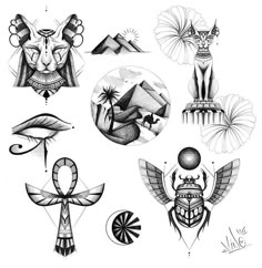 an assortment of egyptian symbols and designs