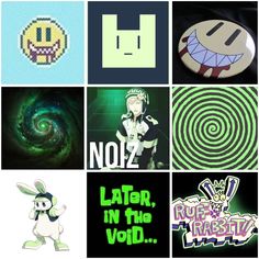 some cartoon characters are depicted in this collage with the words noize, later, in the void