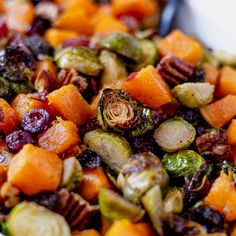 roasted vegetables with cranberries and brussel sprouts