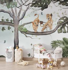 a child's room with a lion mural on the wall